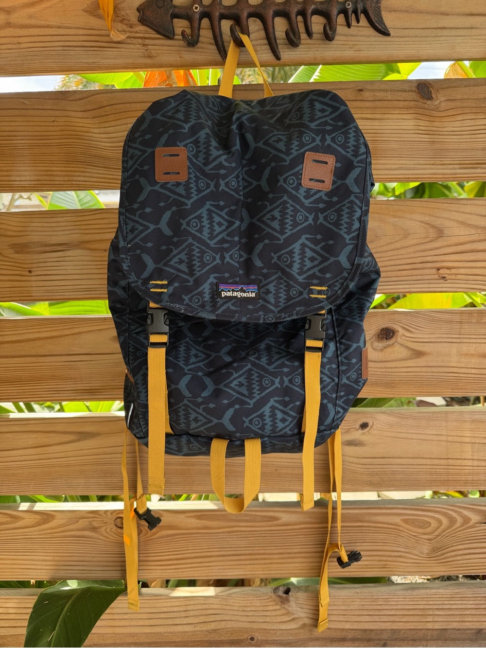 Patagonia Black Geometric Roll-Top Backpack with Yellow Straps